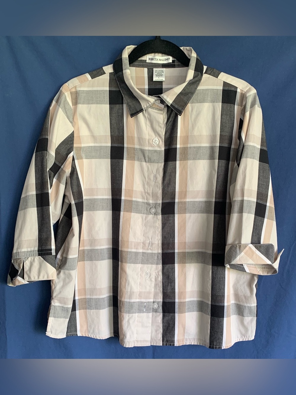 Rebecca Malone Neutral Plaid Button Front Top